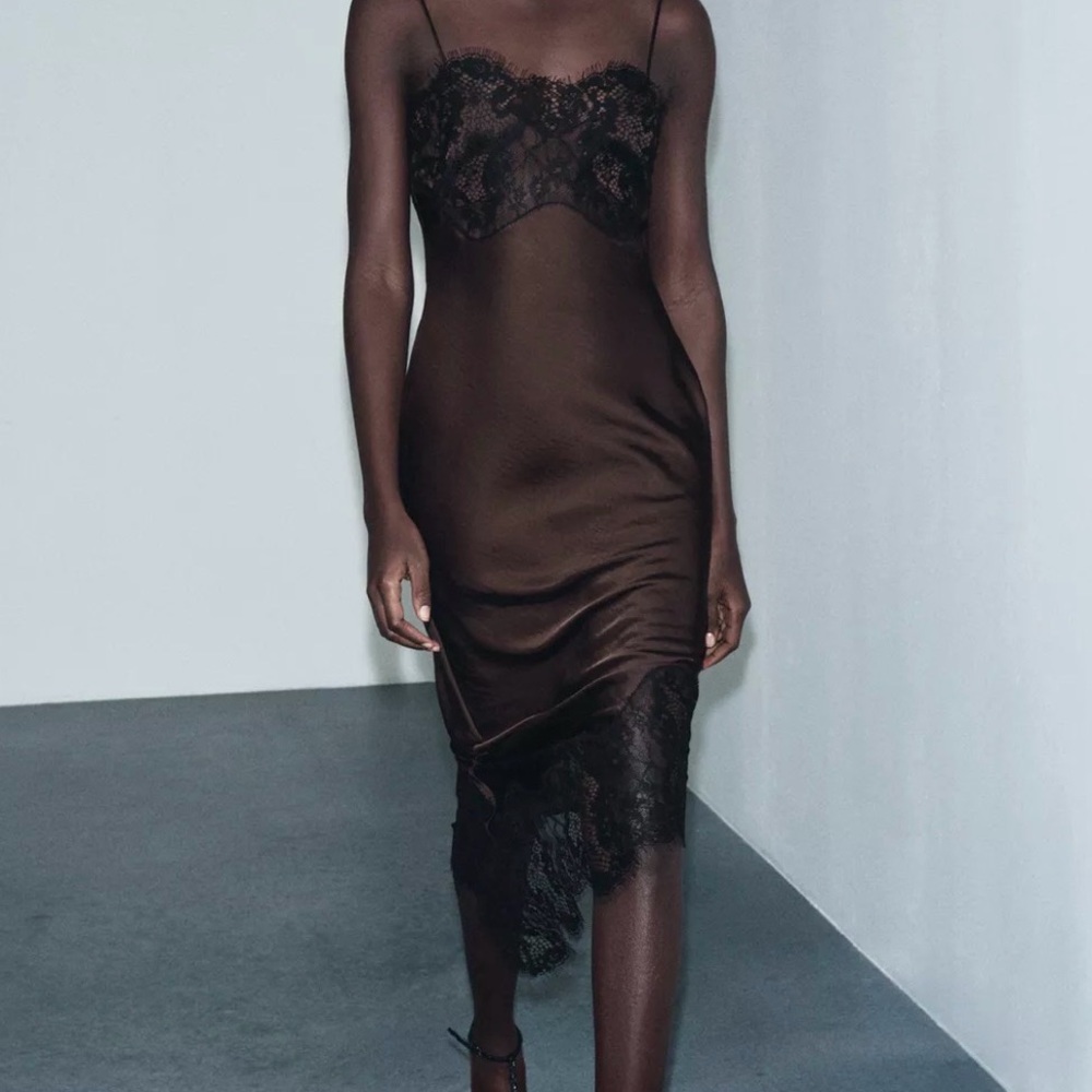 NWT Zara ASYMMETRIC SATIN LACE DRESS ZW COLLECTION Brown Black Medium - Picture 8 of 12